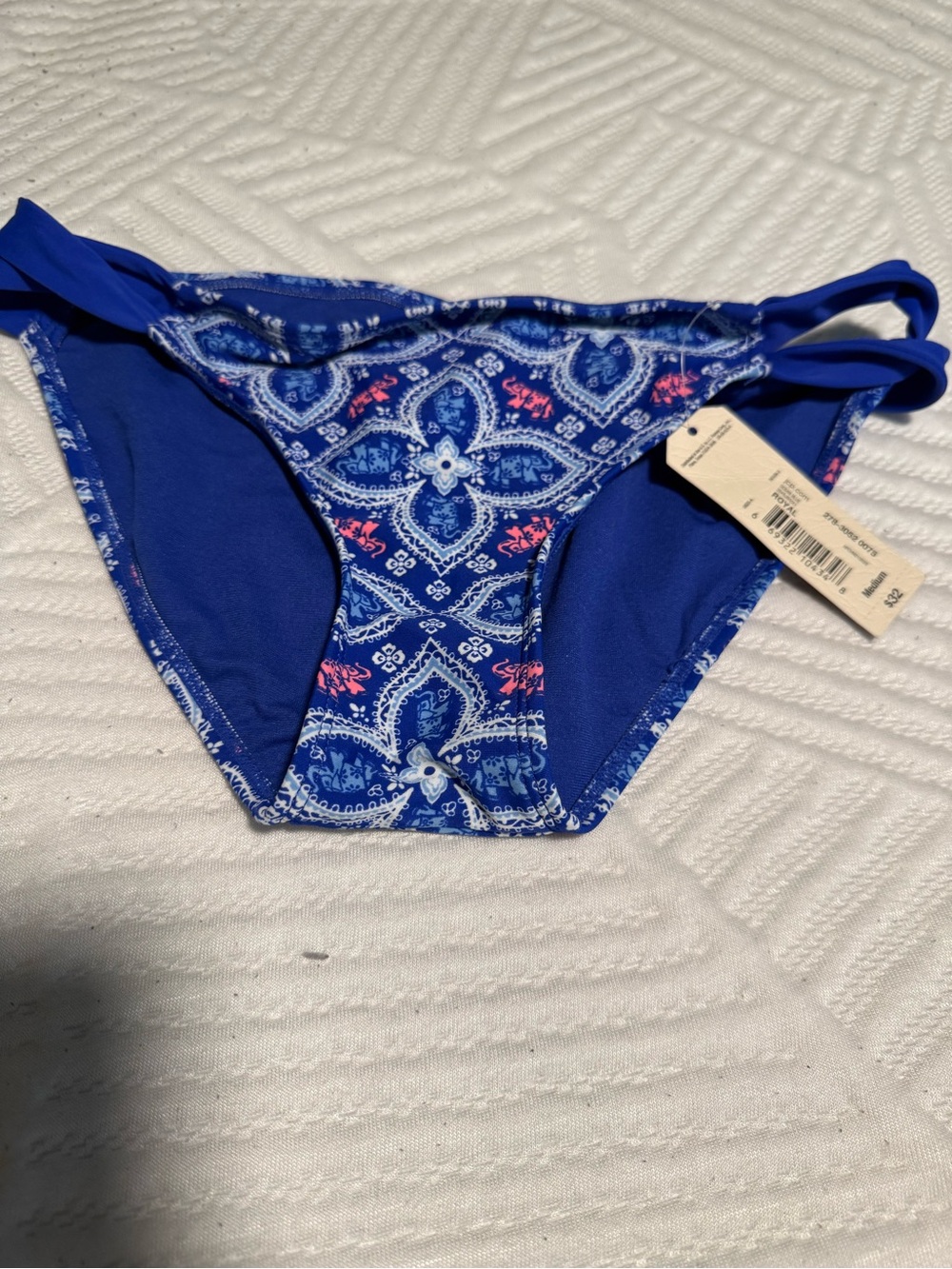 Arizona Blue Paisley Print Bikini Bottoms with coral Accents Sz M